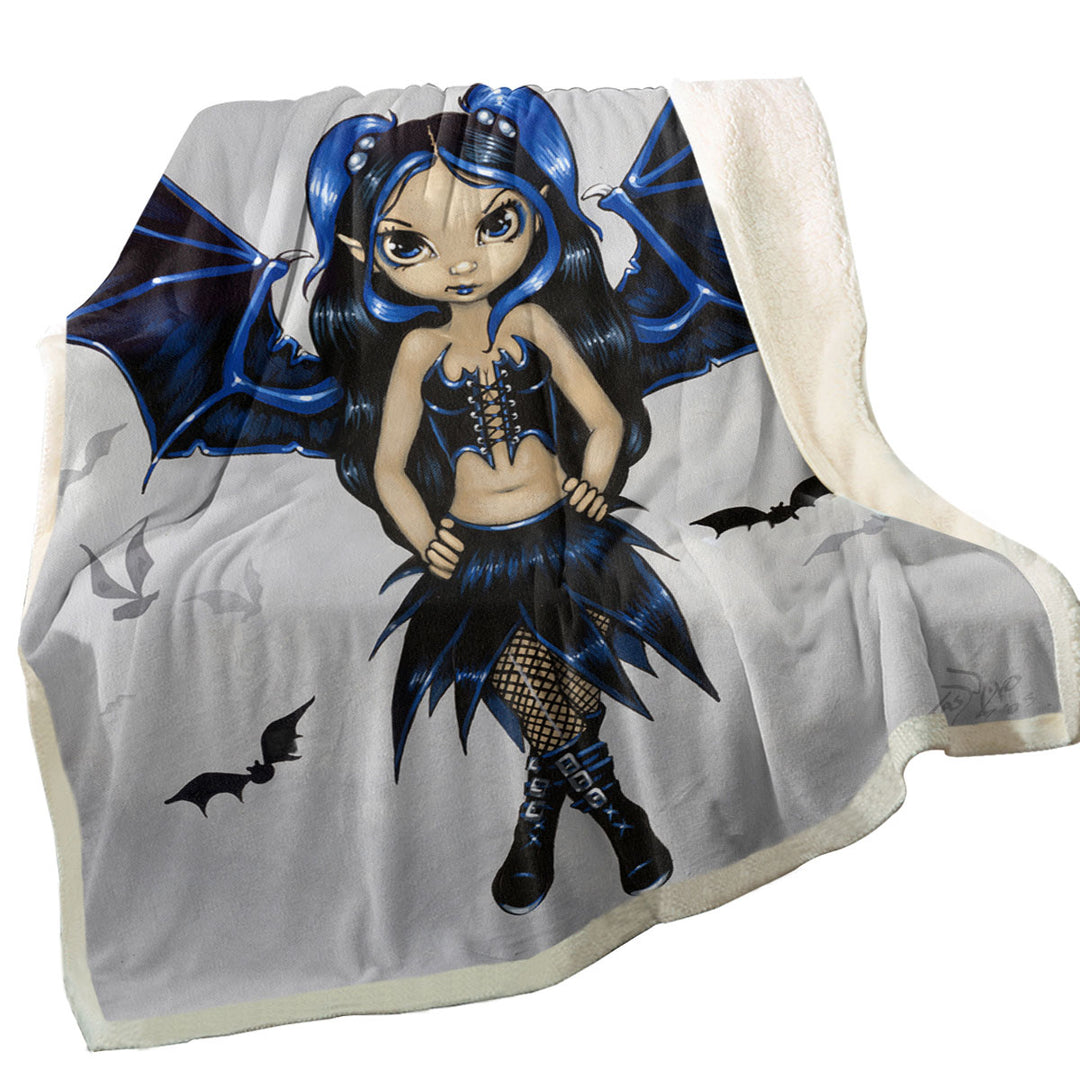 Goth Girls Throw Blanket Bats Fairy Girl with Bat Wings