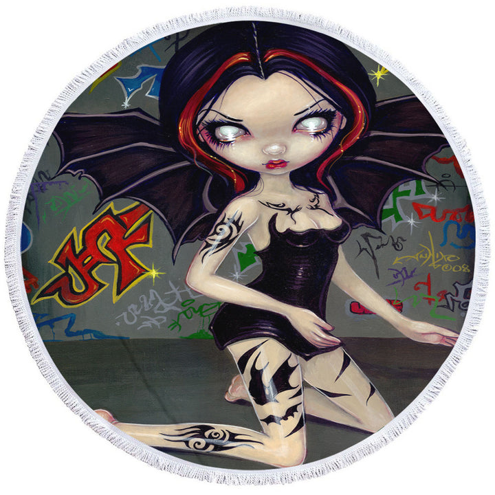 Goth Round Beach Towel Bat Fairy Girl with Bat Tattoos