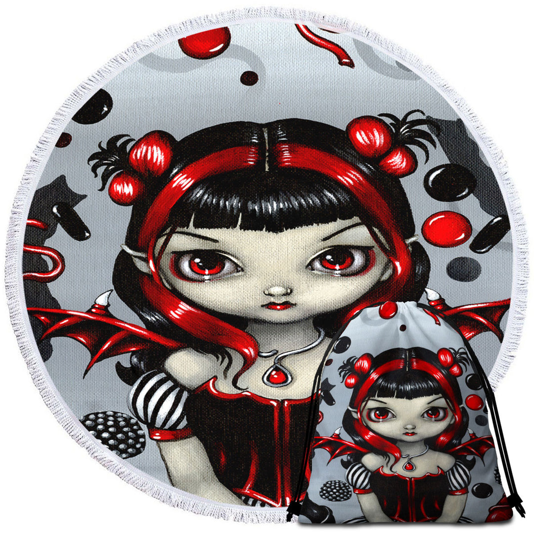 Goth Round Beach Towel Red and Black Licorice Fairy