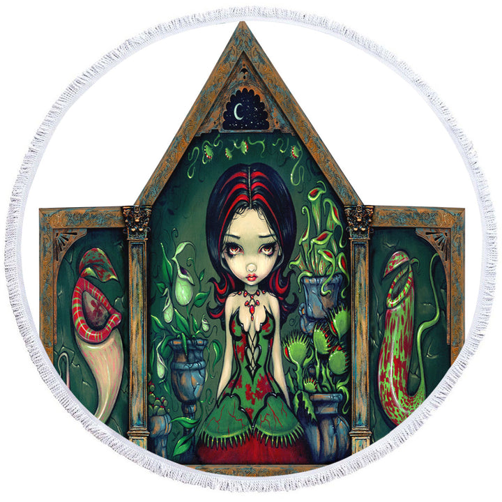 Goth Round Beach Towel Victorian Girl in the Carnivorous Greenhouse