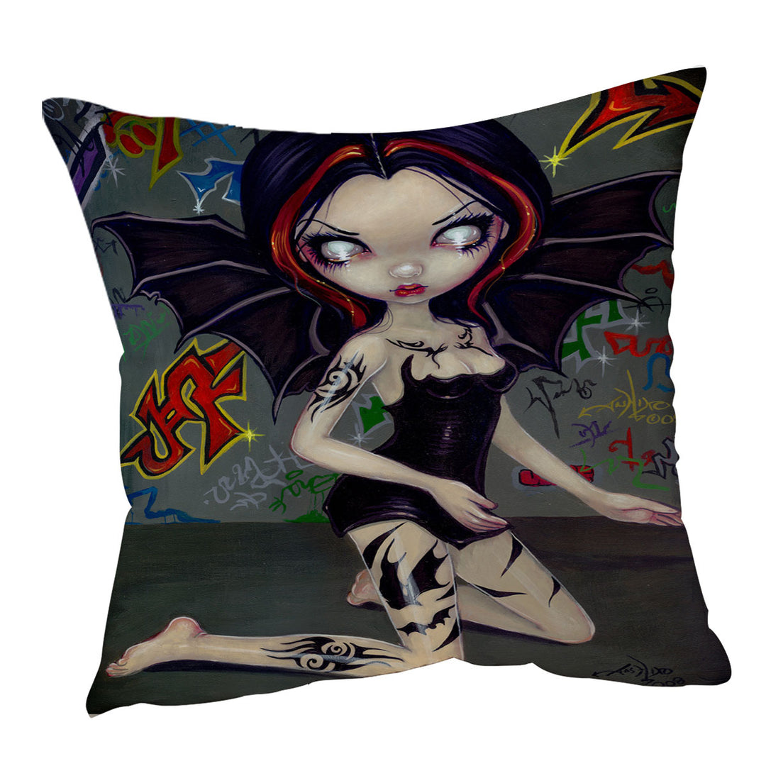 Goth Sofa Pillows Bat Fairy Girl with Bat Tattoos