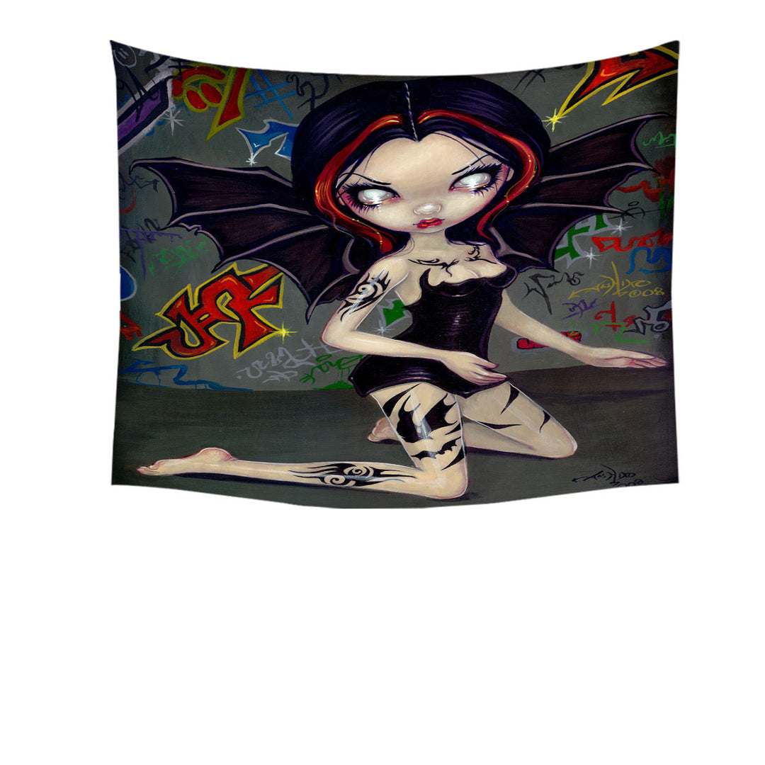 Goth Tapestry Bat Fairy Girl with Bat Tattoos Wall Decor