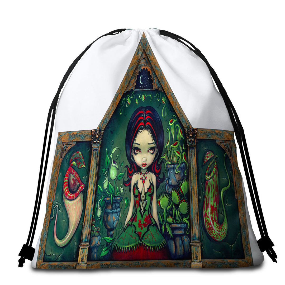 Goth Travel Beach Towel Victorian Girl in the Carnivorous Greenhouse