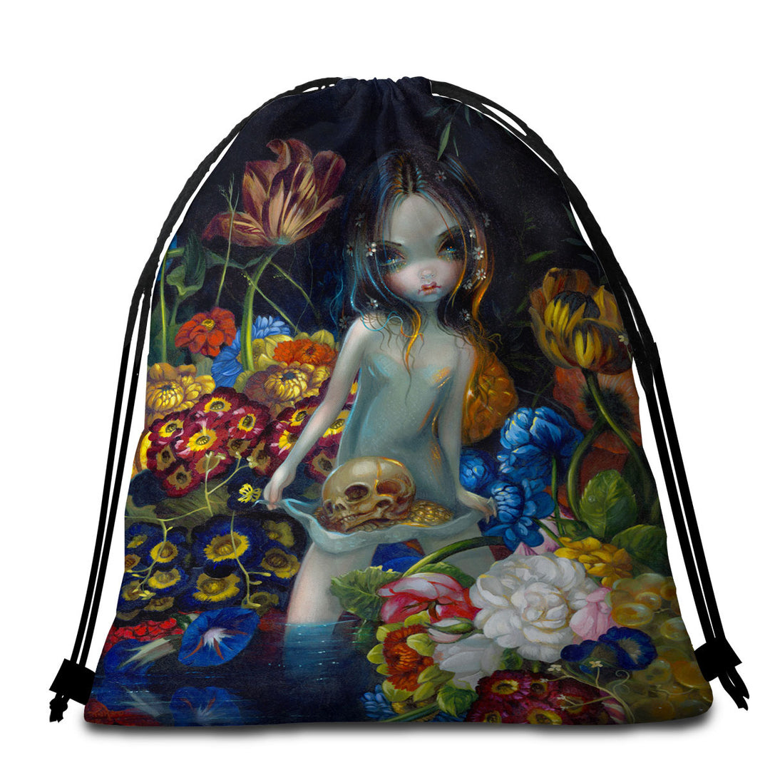 Gothic Beach Towels and Bags Set Art The Offering Forest Nymph Girl with Skull