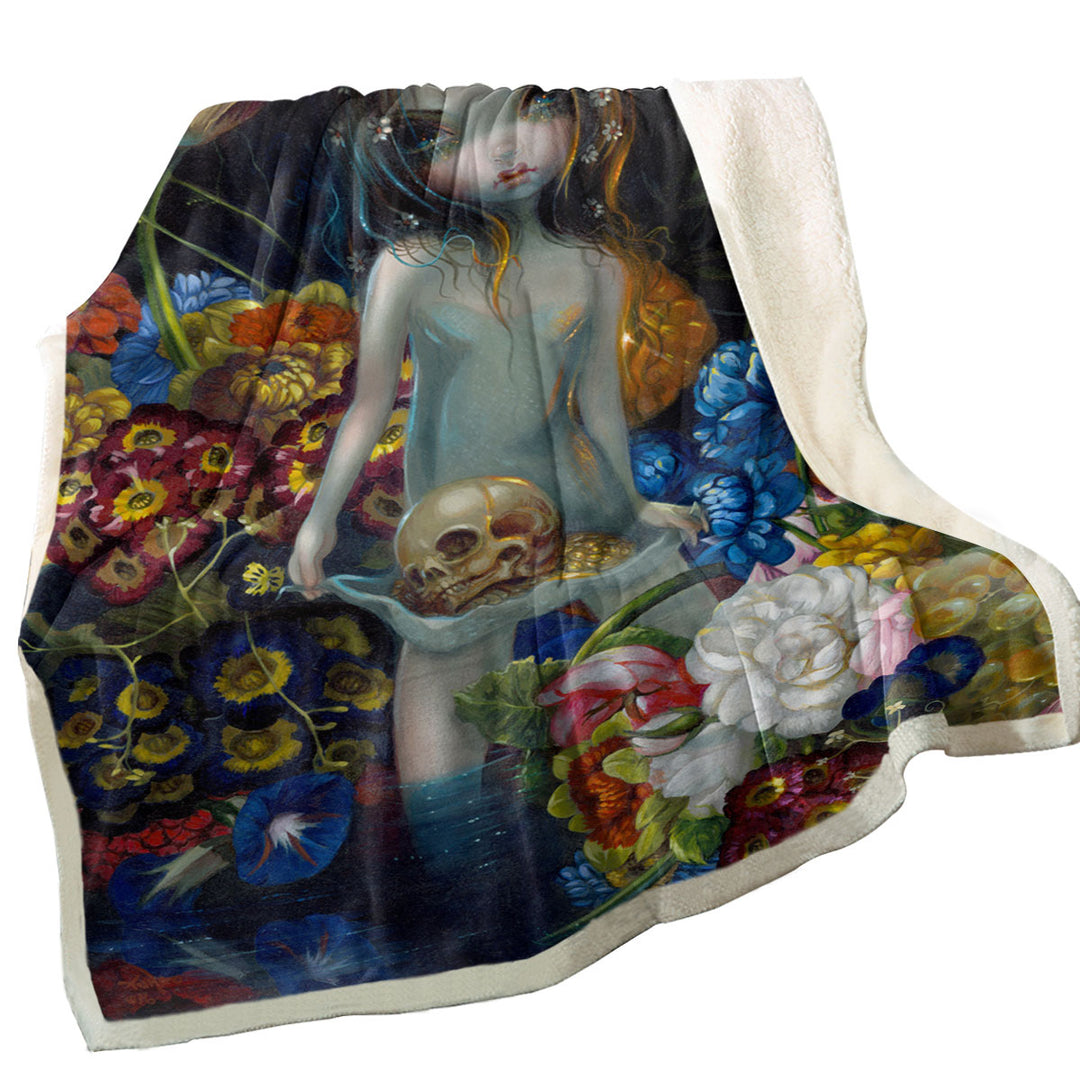 Gothic Decorative Blankets Art The Offering Forest Nymph Girl with Skull