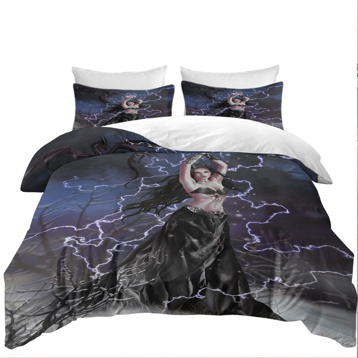 Gothic Fantasy Art Dark Woman with her Dragon Duvet Cover