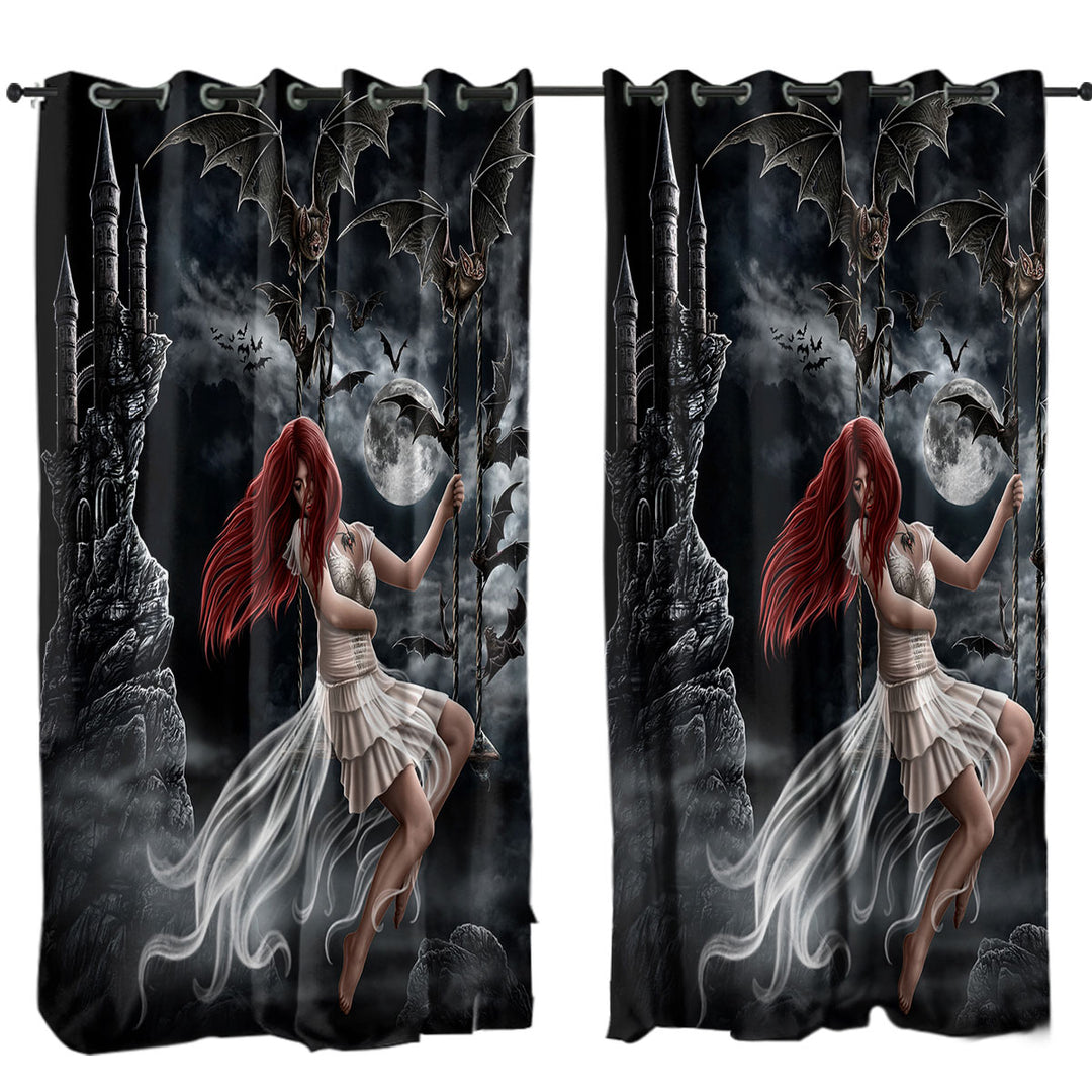 Gothic Night Art Draculas Bride Redhead Girl and Bats Curtain