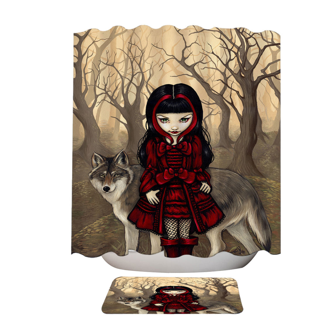 Gothic Shower Curtains Style Wolf and Red Riding Hood in Autumn