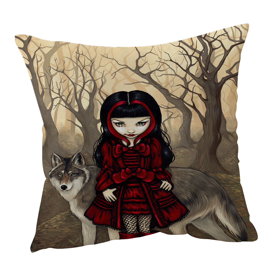 Gothic Sofa Pillows Style Wolf and Red Riding Hood in Autumn