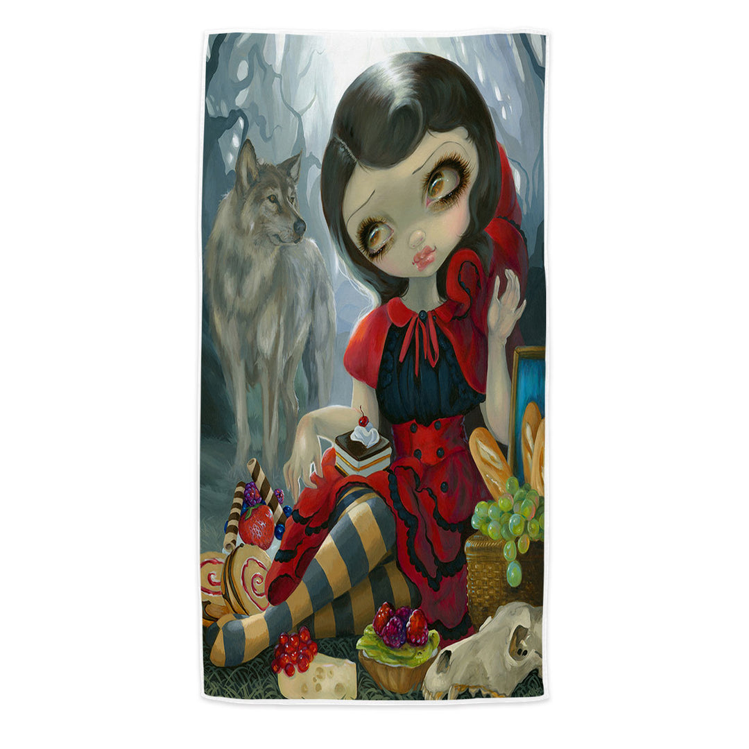 Gothic Style Wolf and Red Riding Hood Beach Towel