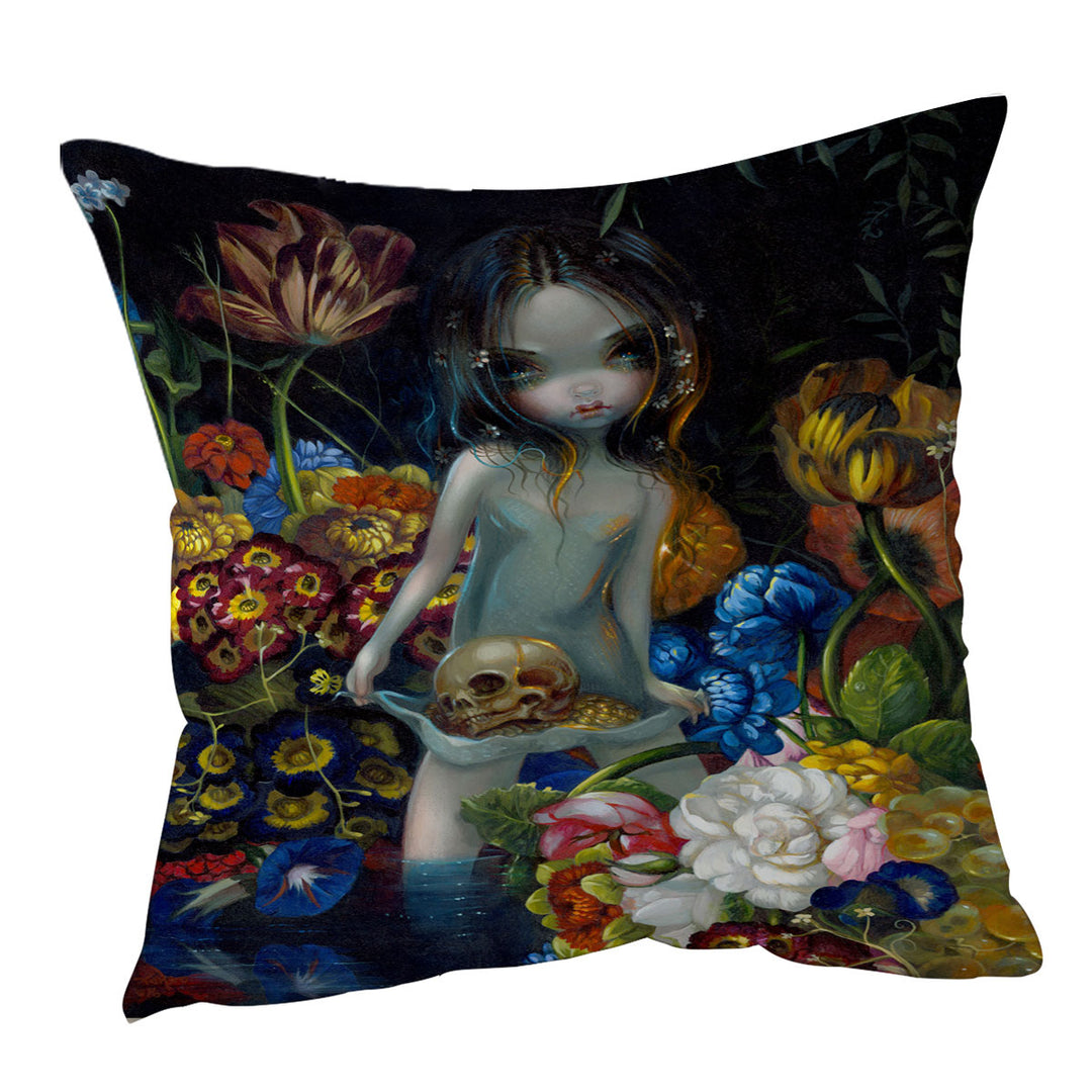 Gothic Throw Pillow Art The Offering Forest Nymph Girl with Skull