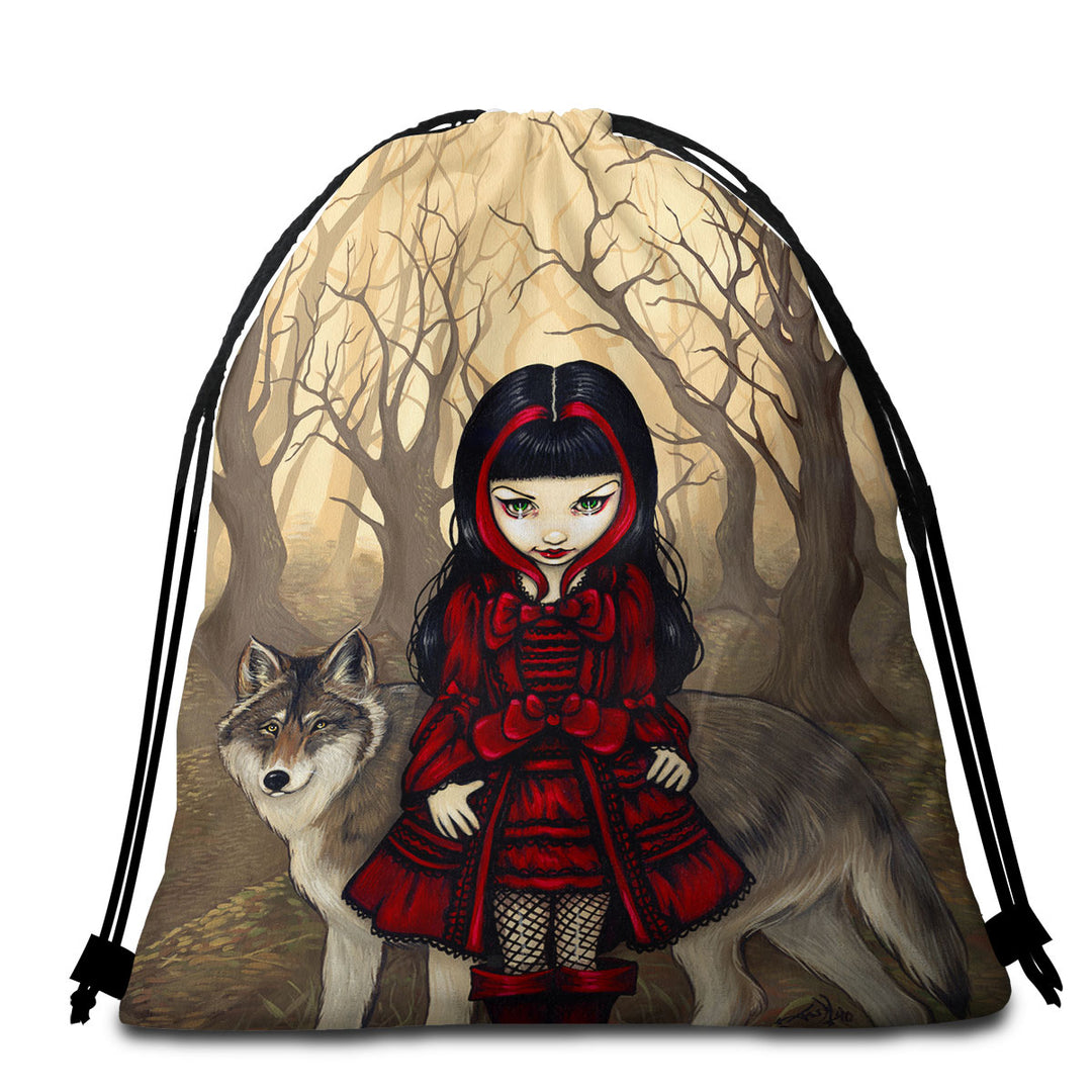 Gothic Travel Beach Towel Style Wolf and Red Riding Hood in Autumn