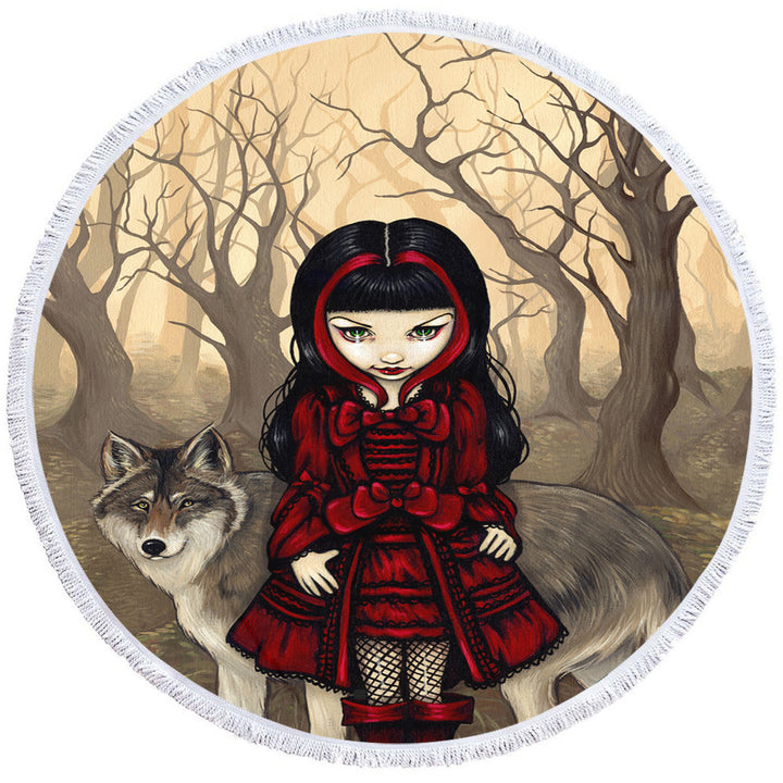 Gothic Unusual Beach Towels Style Wolf and Red Riding Hood in Autumn