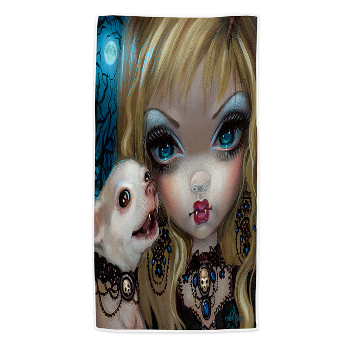 Gothic Vampire Beach Towels Faces of Faery _235 Gothic Vampire Girl and Her Dog