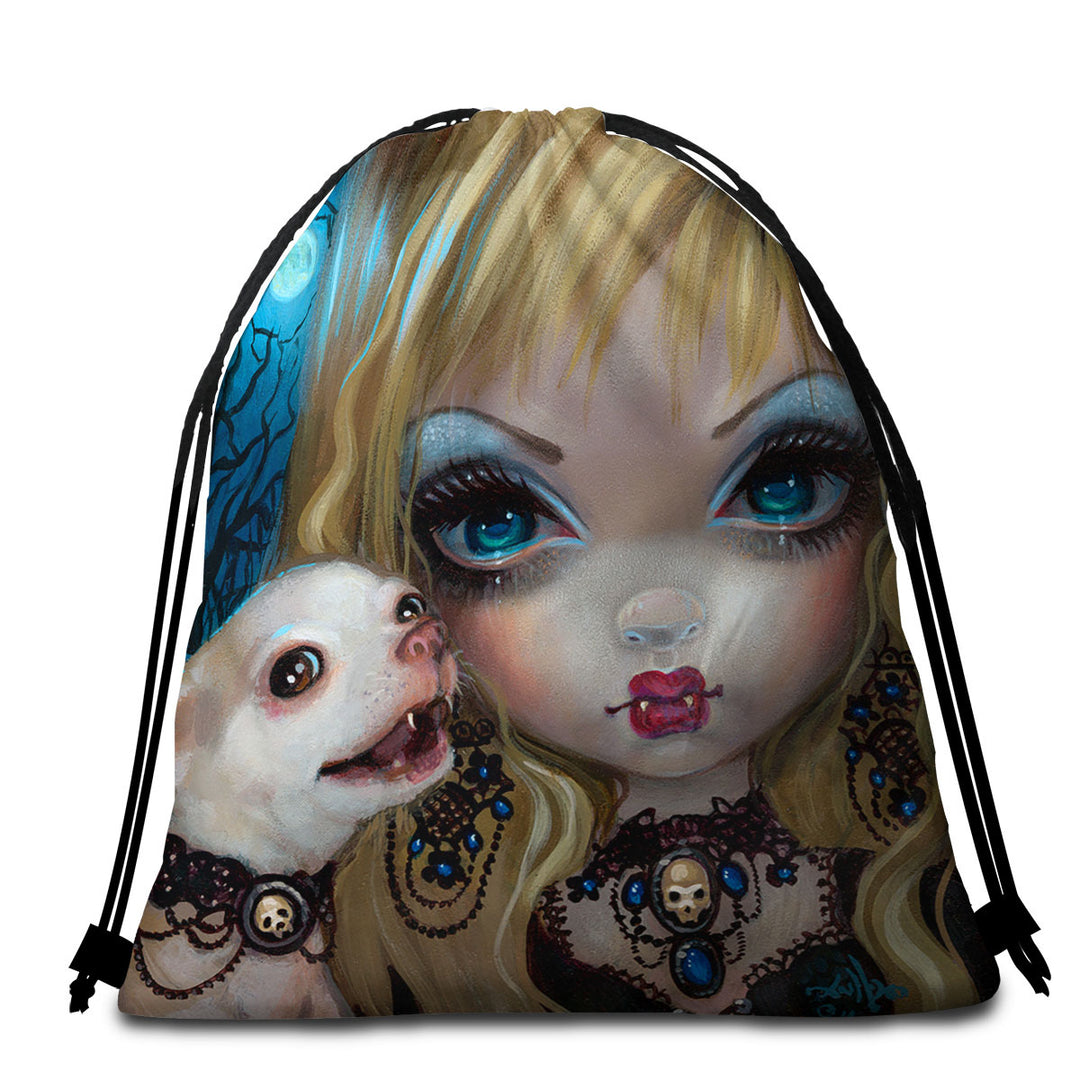 Gothic Vampire Packable Beach Towel Faces of Faery _235 Gothic Vampire Girl and Her Dog