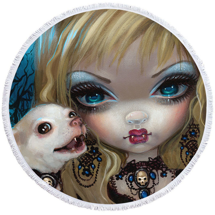 Gothic Vampire Round Towel Faces of Faery _235 Gothic Vampire Girl and Her Dog