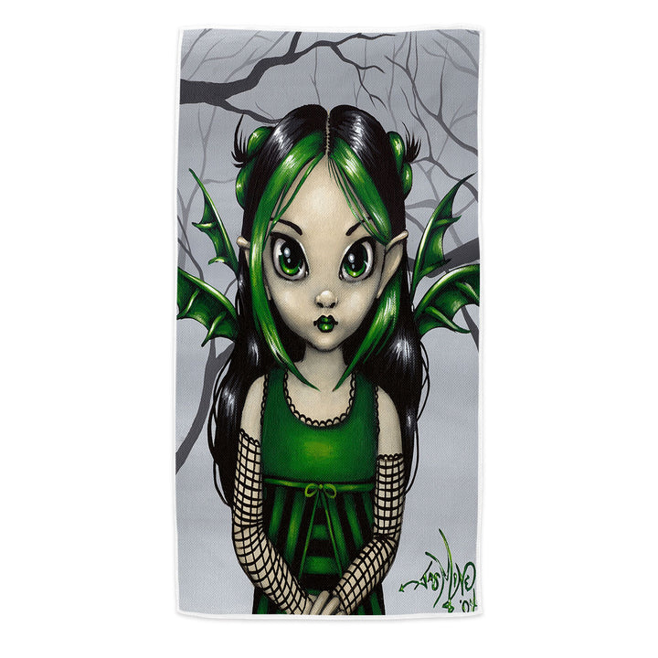 Gothling Beach Towel Cute Green Goth Fairy in Misty Forest