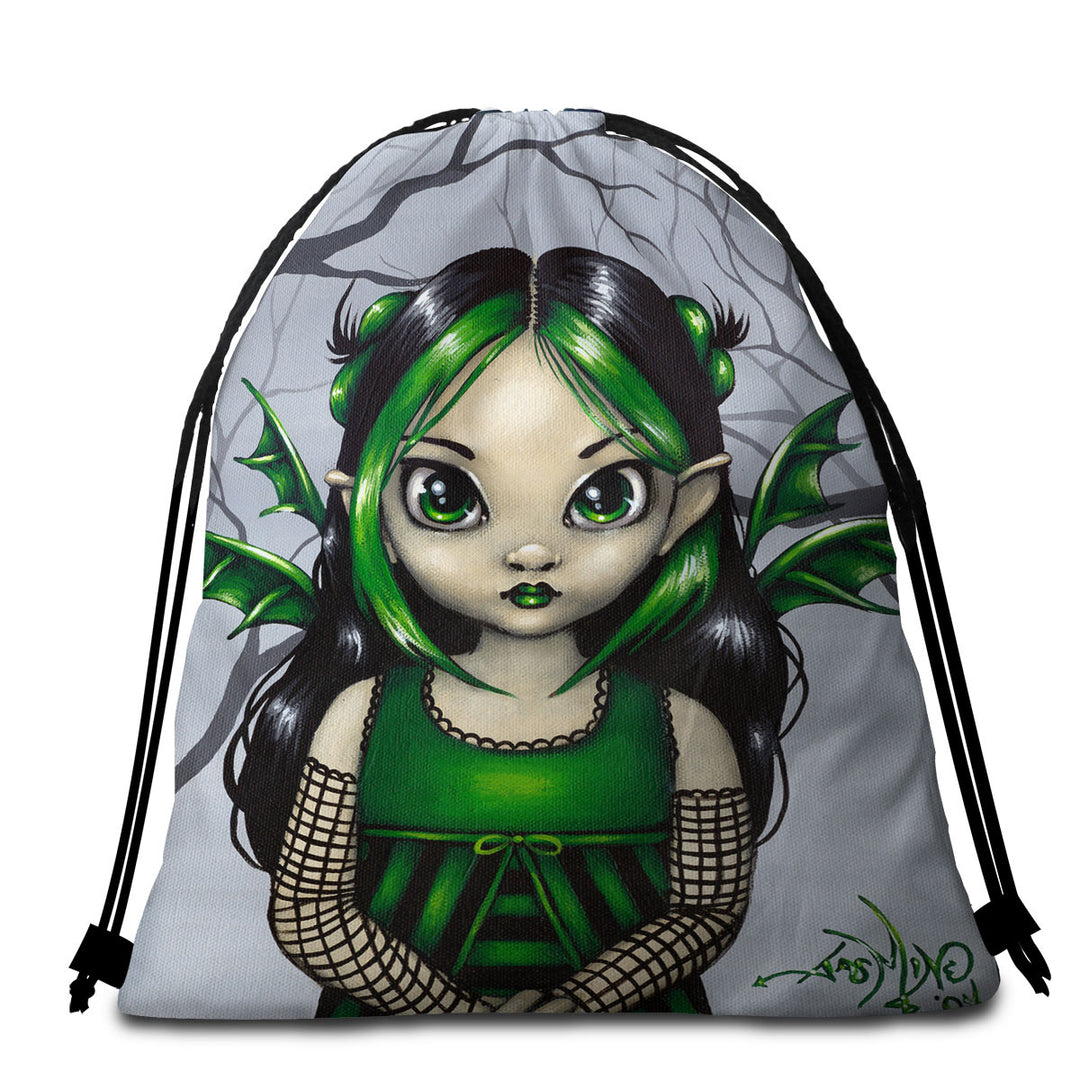 Gothling Beach Towel Pack Cute Green Goth Fairy in Misty Forest