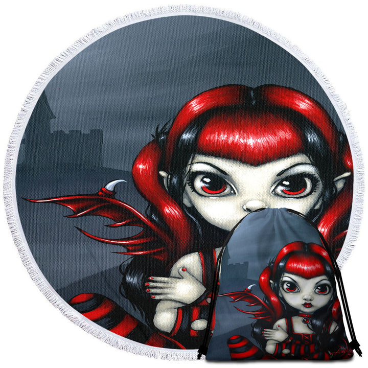 Gothling Beach Towels and Bags Set Cute Red Black Goth Fairy and Castle