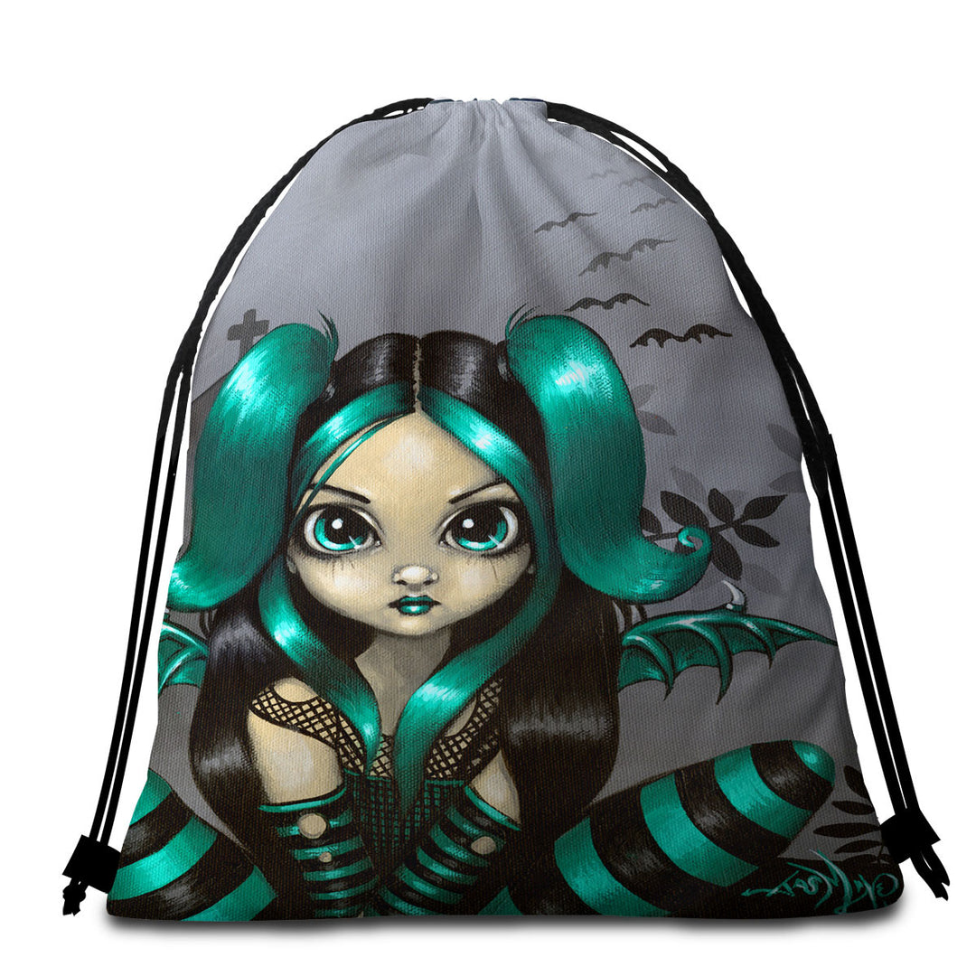 Gothling Beach Towels and Bags Set Green Haired Goth Fairy Cemetery and Bats