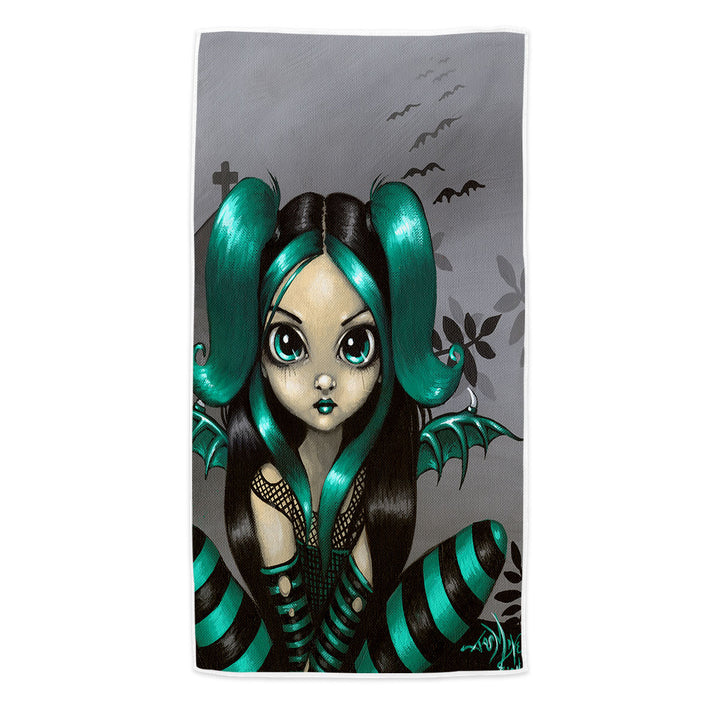 Gothling Beach Towels on Sale Green Haired Goth Fairy Cemetery and Bats