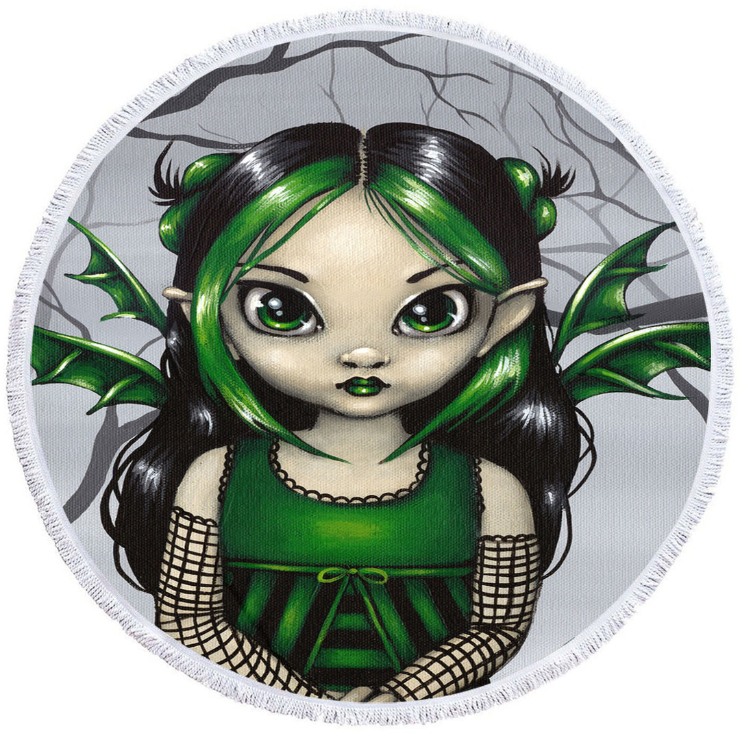 Gothling Big Beach Towels Cute Green Goth Fairy in Misty Forest