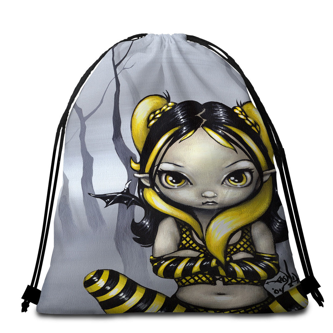 Gothling Bumblebee Beach Towel Bags Goth Elf Girl in Eerie Forest