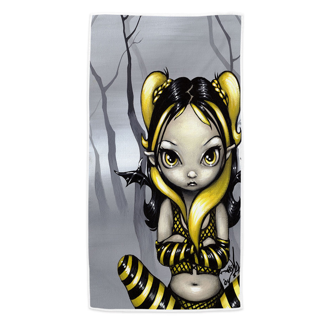 Gothling Bumblebee Beach Towels Goth Elf Girl in Eerie Forest