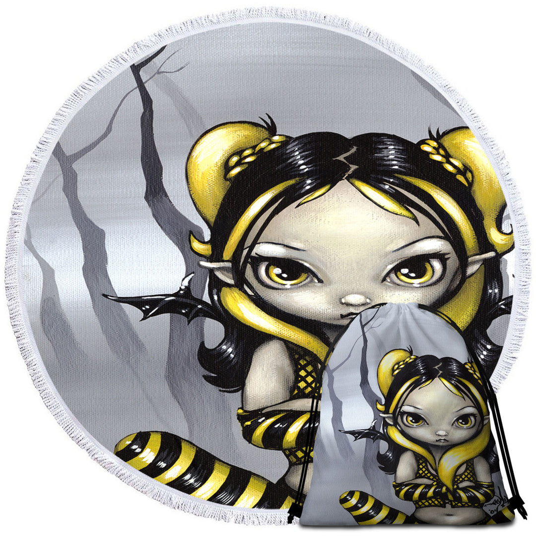 Gothling Bumblebee Big Beach Towels Goth Elf Girl in Eerie Forest