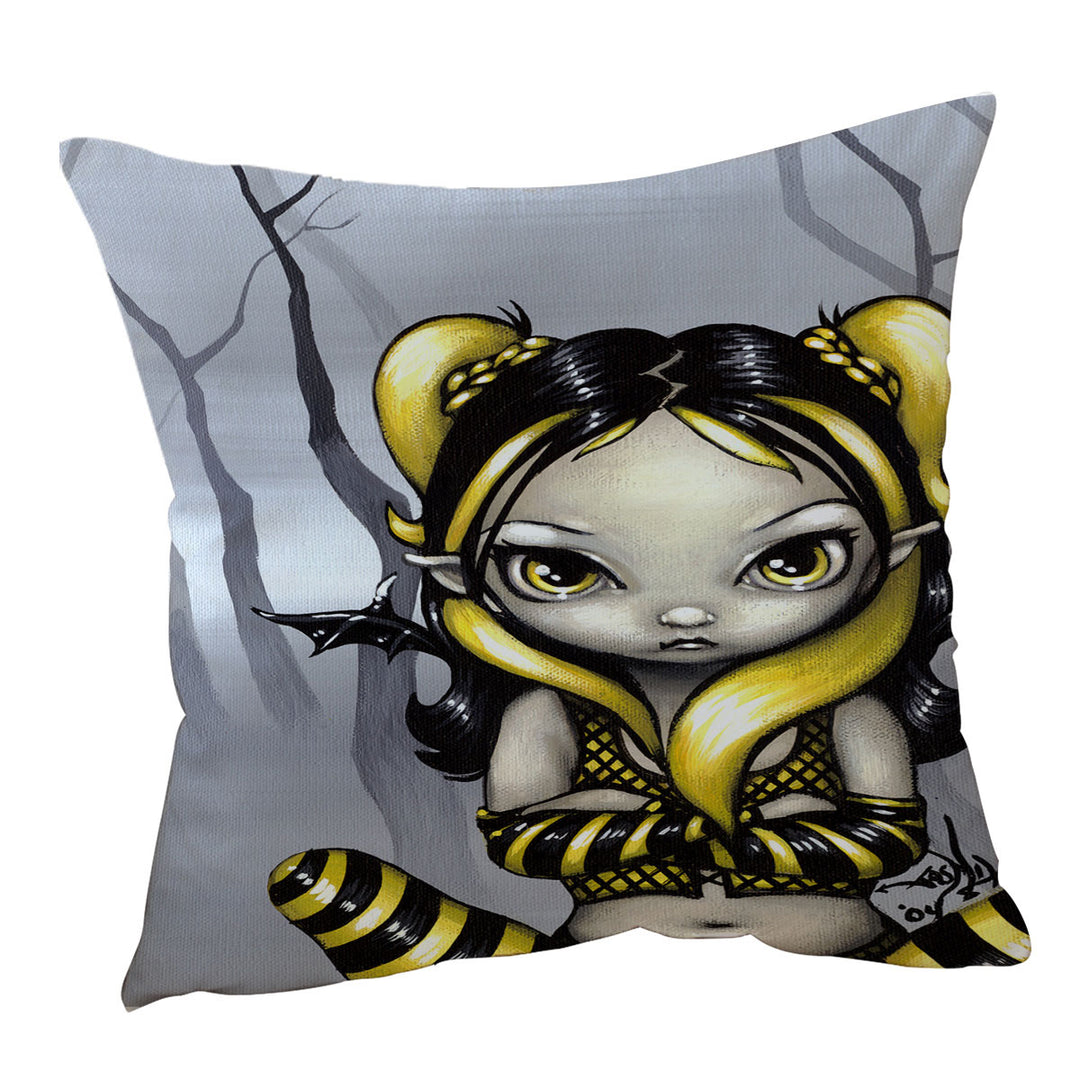 Gothling Bumblebee Cushion Goth Elf Girl in Eerie Forest