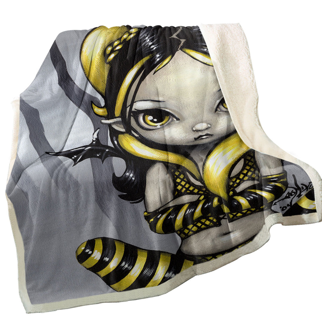 Gothling Bumblebee Fleece Blankets Goth Elf Girl in Eerie Forest