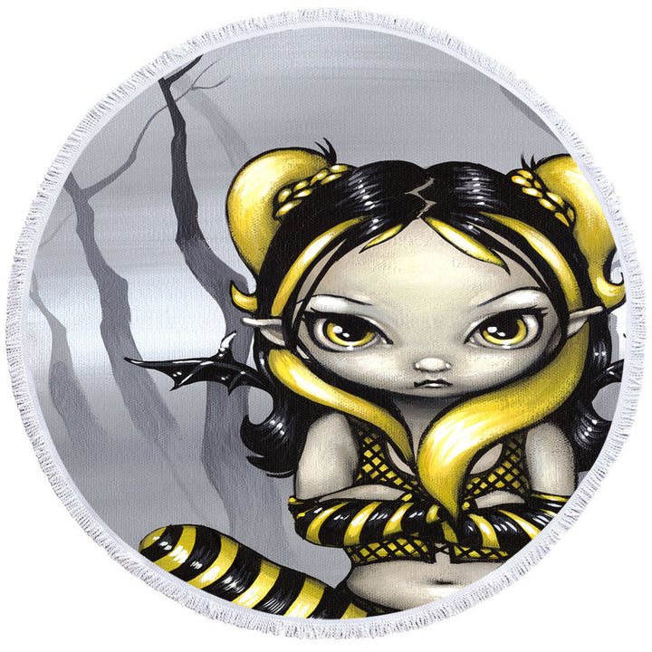 Gothling Bumblebee Girls Beach Towels Goth Elf Girl in Eerie Forest