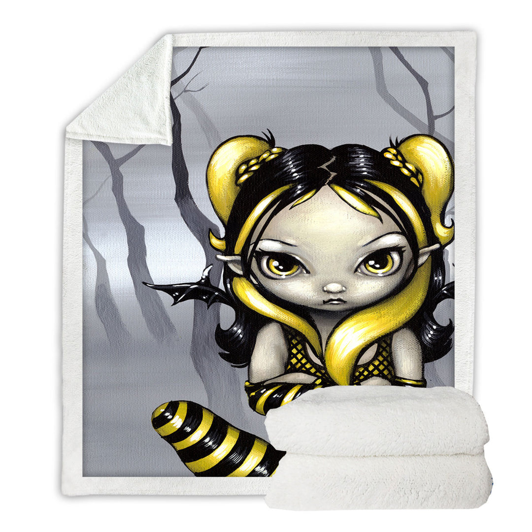 Gothling Bumblebee Sherpa Blanket Goth Elf Girl in Eerie Forest