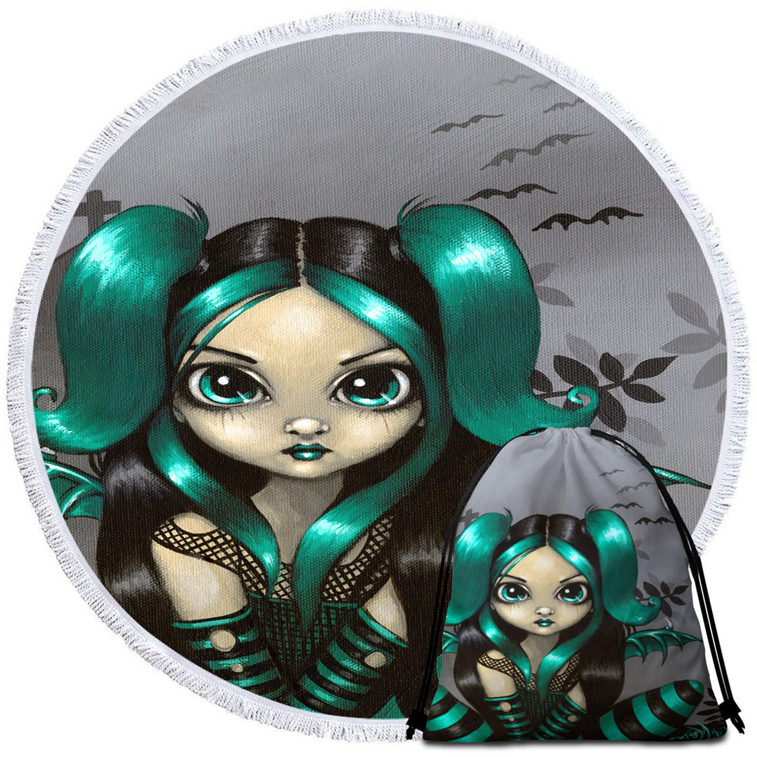 Gothling Circle Towel Green Haired Goth Fairy Cemetery and Bats