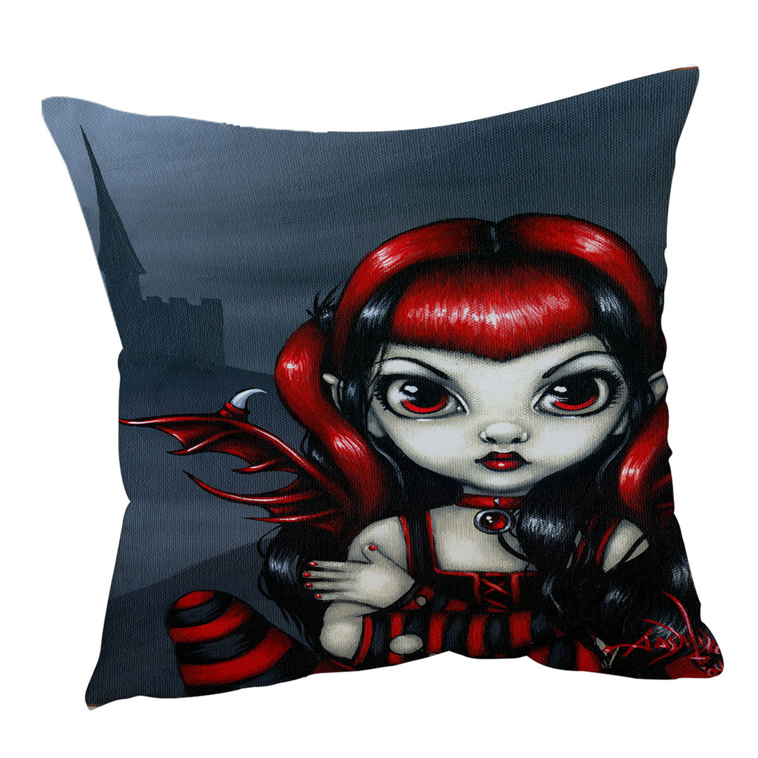 Gothling Cushion Cover Cute Red Black Goth Fairy and Castle