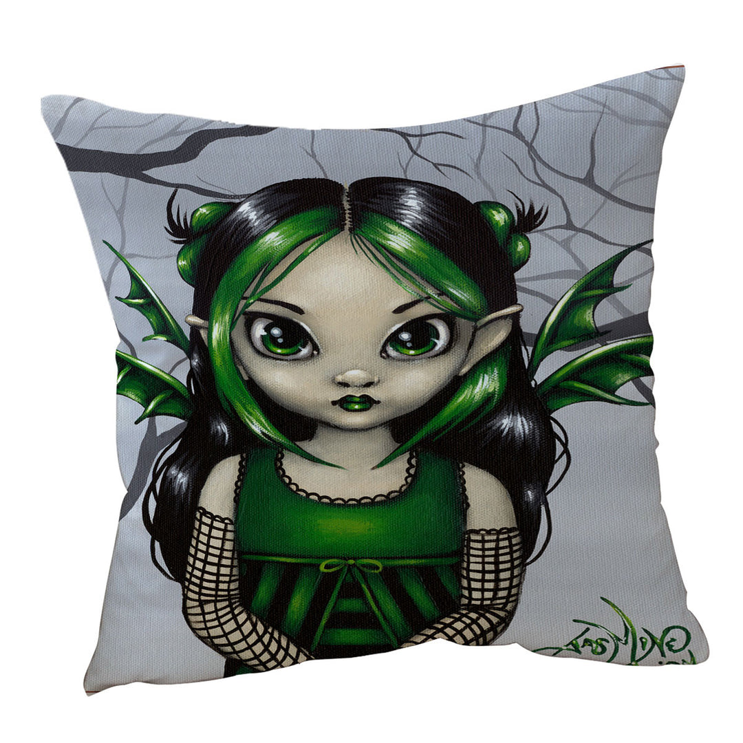 Gothling Cushions Cute Green Goth Fairy in Misty Forest