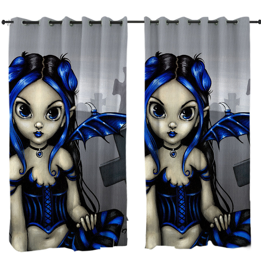 Gothling Cute Blue Black Goth Fairy in a Cemetery Curtains