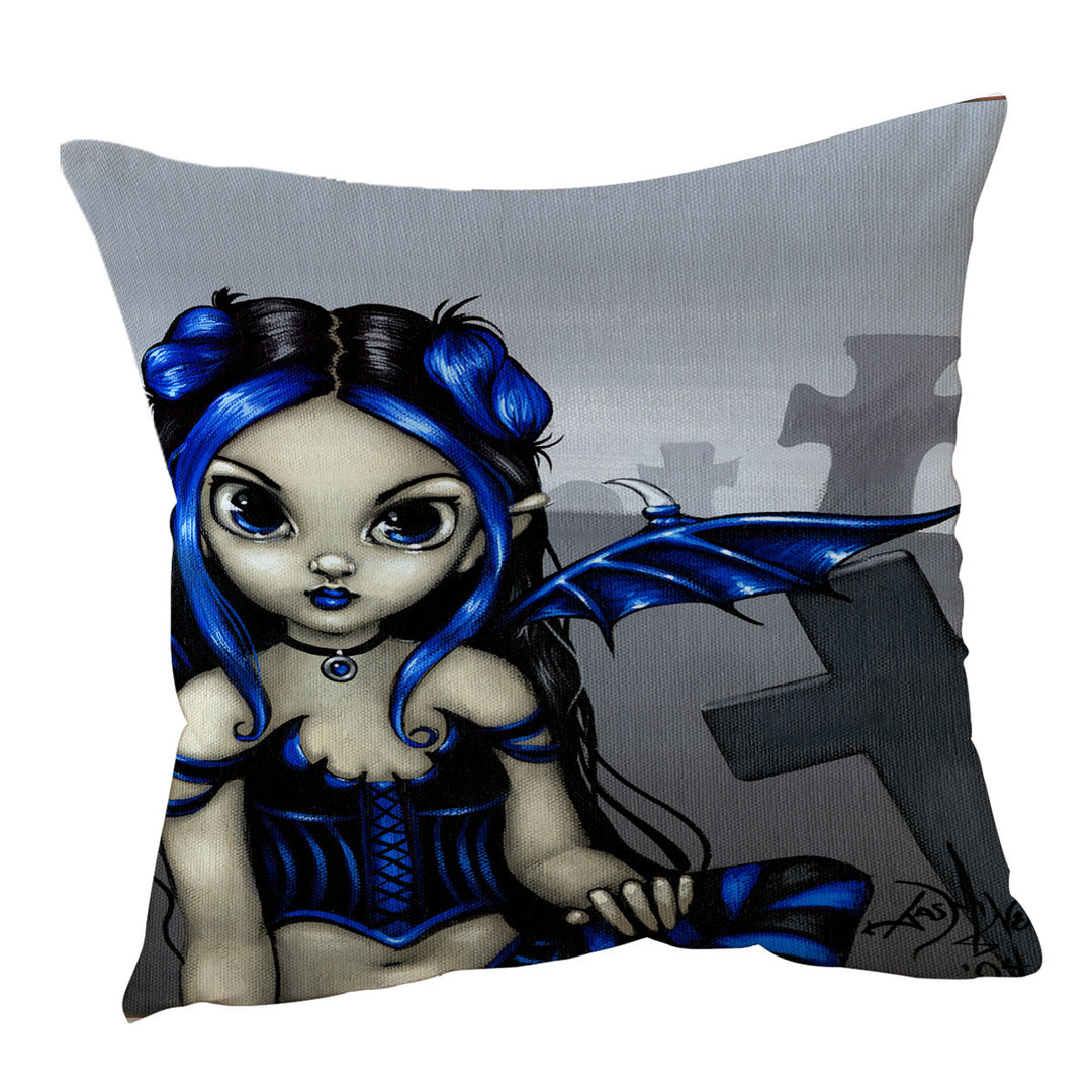 Gothling Cute Blue Black Goth Fairy in a Cemetery Cushion Cover