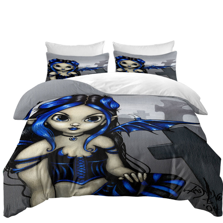 Gothling Cute Blue Black Goth Fairy in a Cemetery King Duvet Cover set