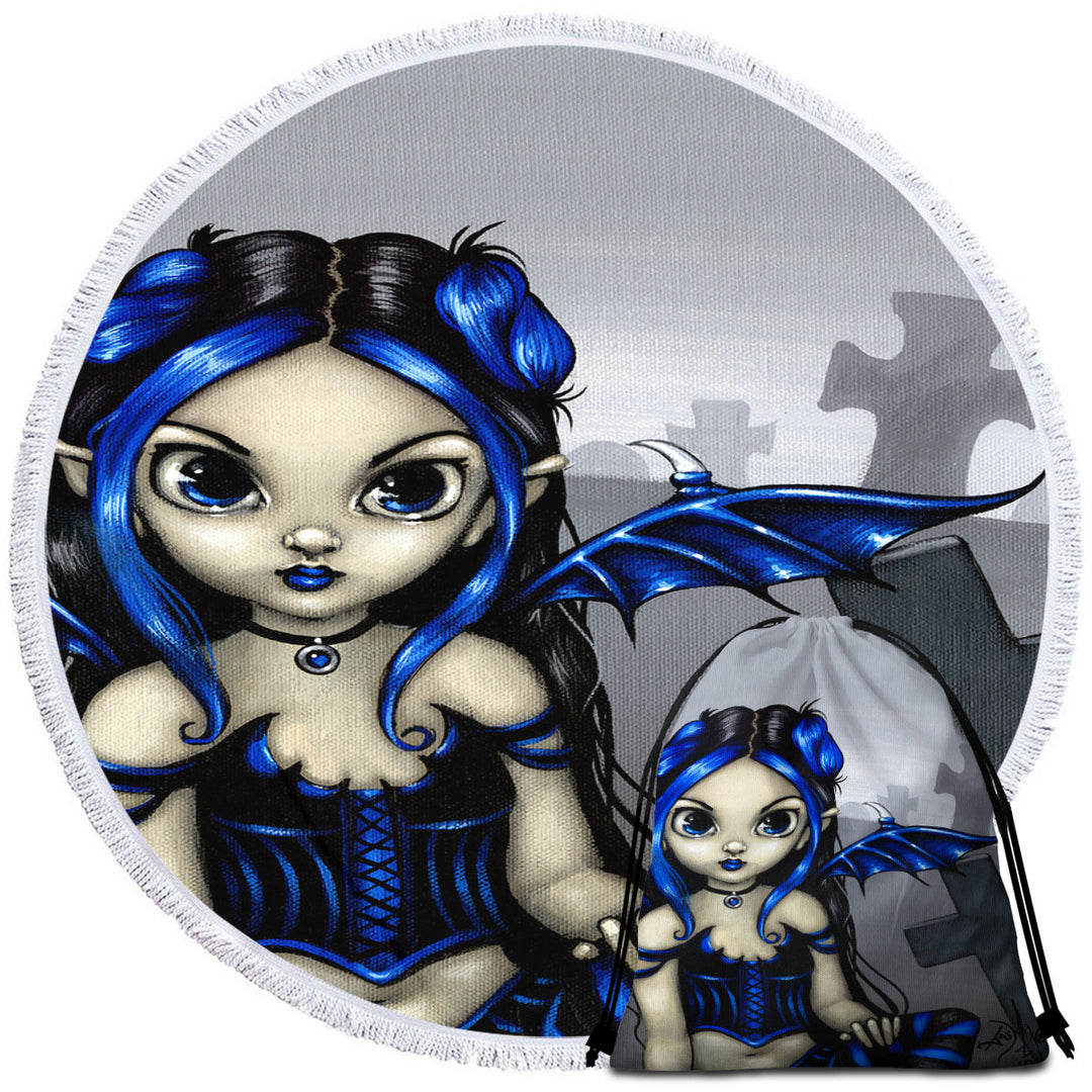 Gothling Cute Blue Black Goth Fairy in a Cemetery Round Beach Towel