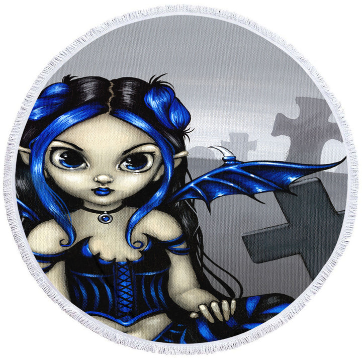 Gothling Cute Blue Black Goth Fairy in a Cemetery Round Towel