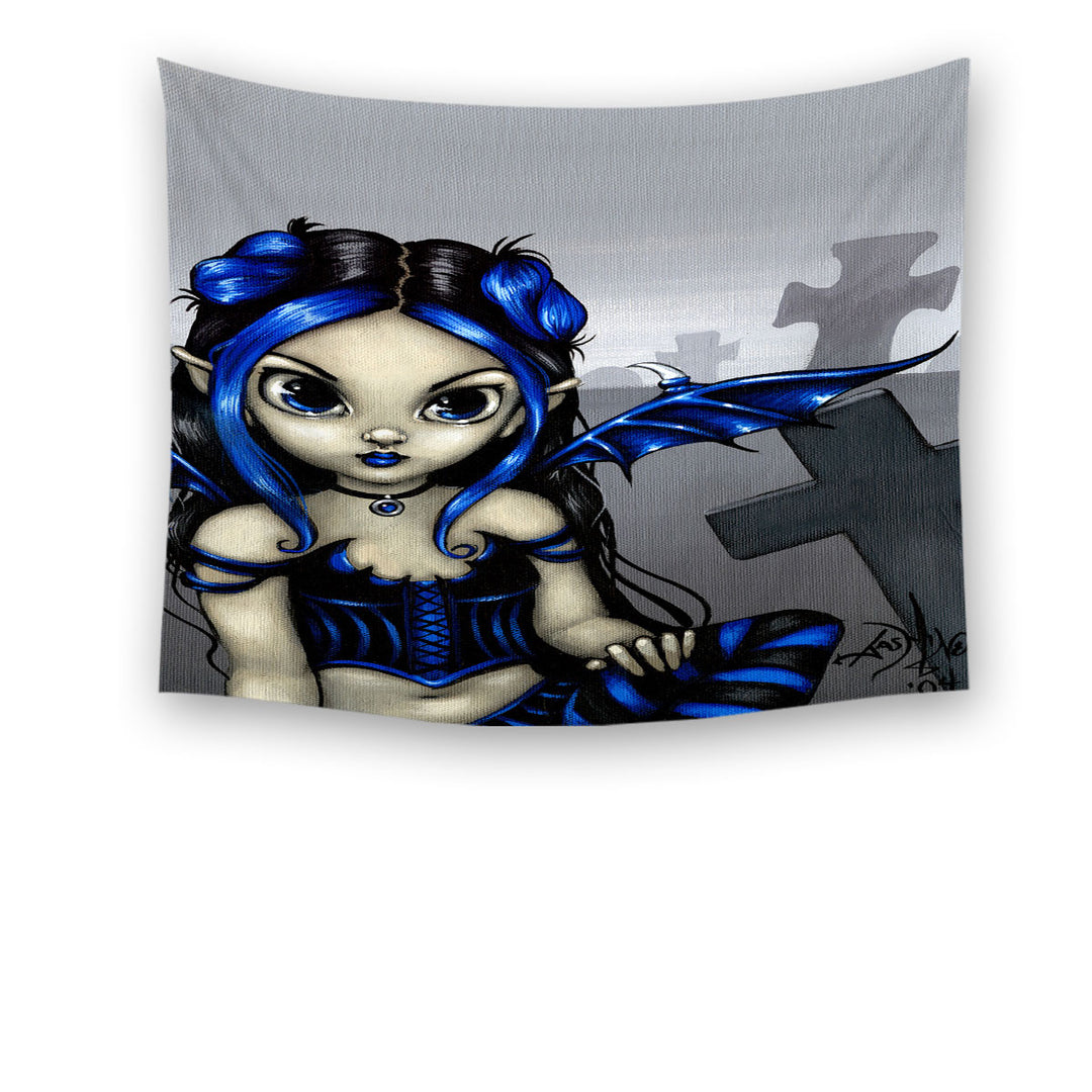 Gothling Cute Blue Black Goth Fairy in a Cemetery Wall Decor Tapestry