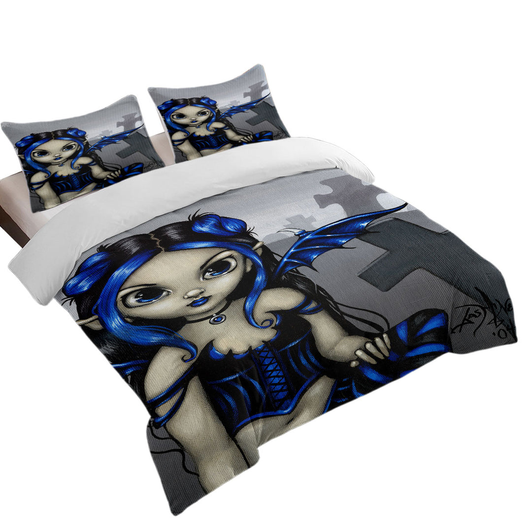 Gothling Cute Blue Black Goth Fairy in a Cemetery full Size Duvet Cover