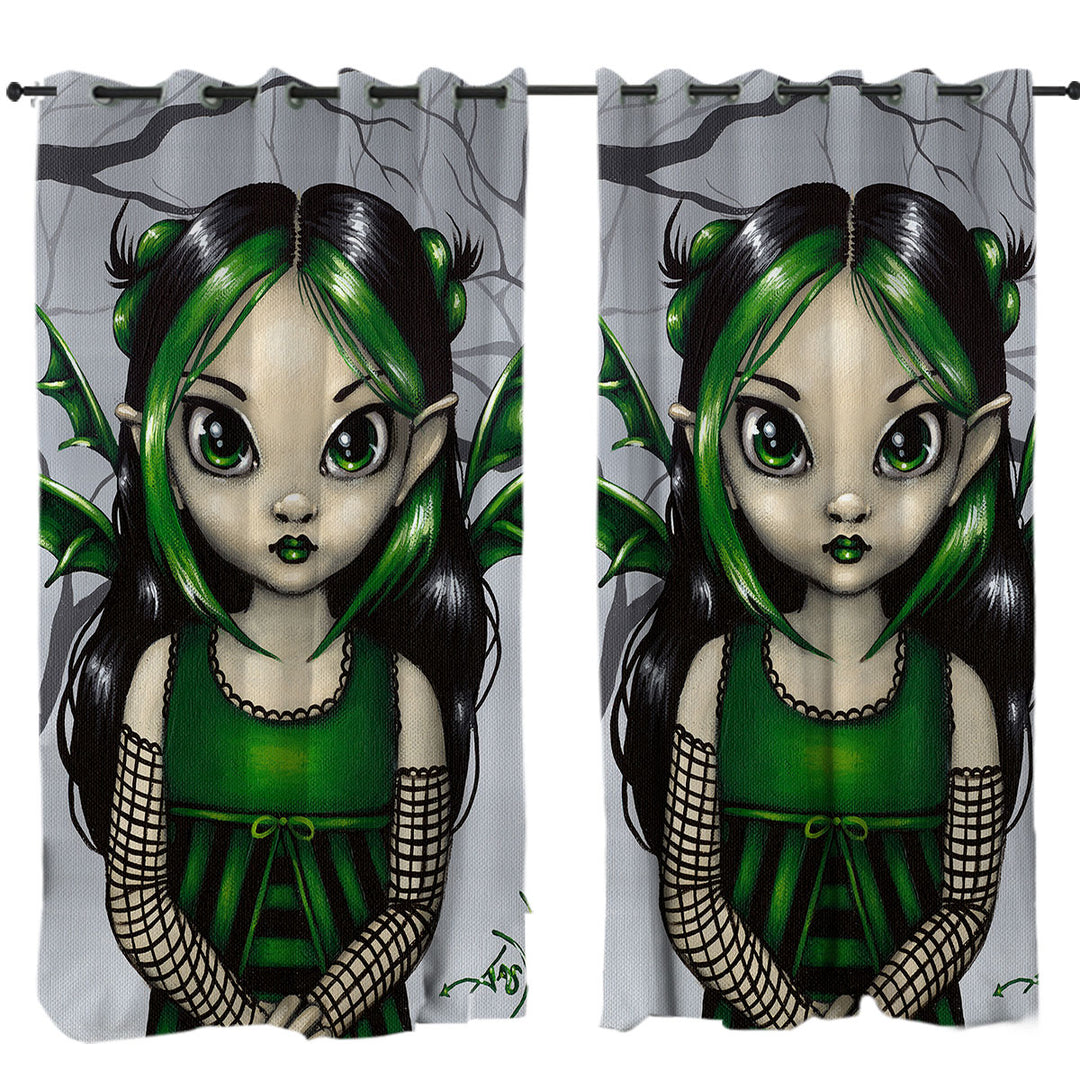 Gothling Cute Green Goth Fairy in Misty Forest Drapery