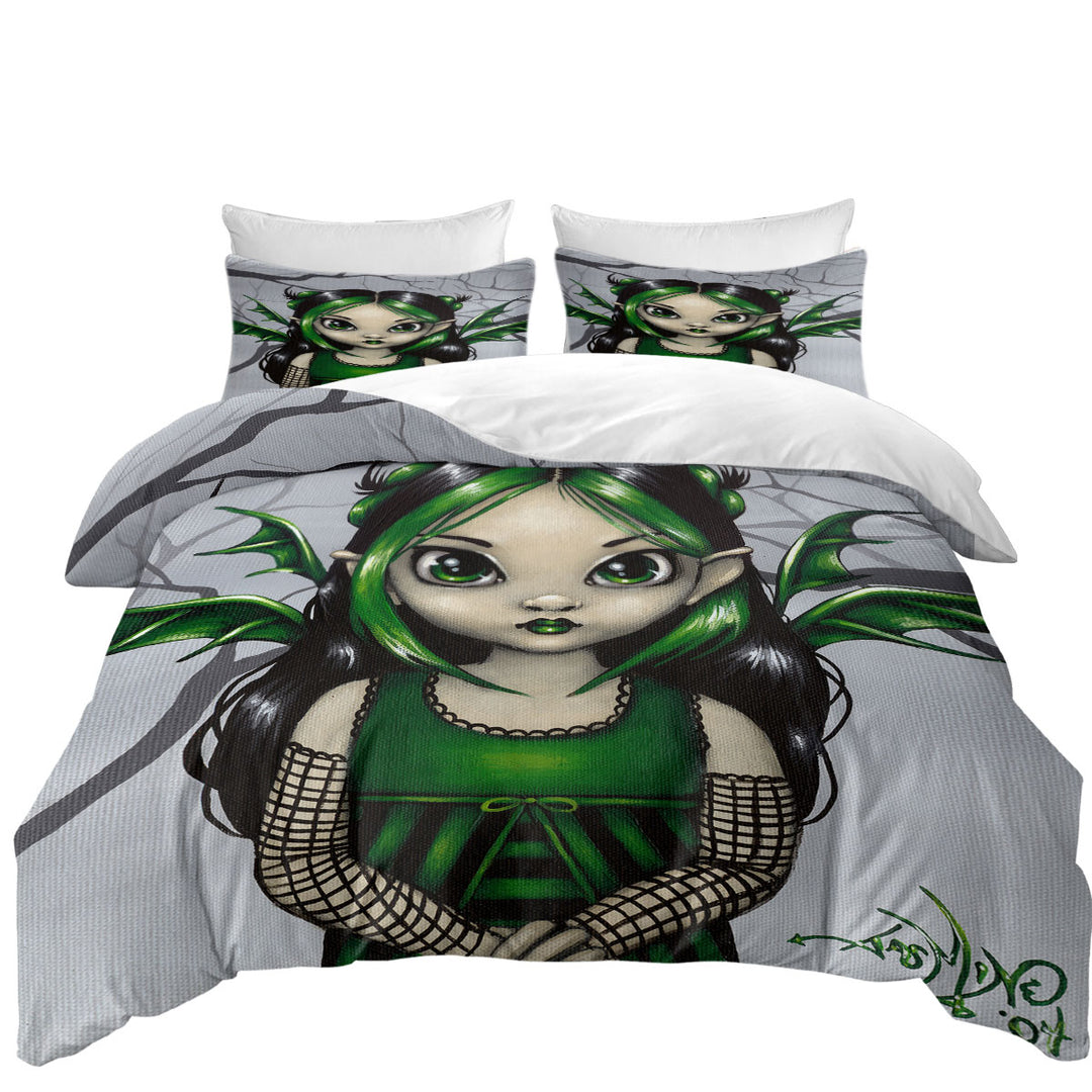 Gothling Cute Green Goth Fairy in Misty Forest Duvet Cover