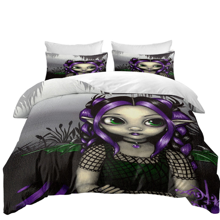 Gothling Cute Purple Goth Elf Girl in Eerie Swamp Queen Size Duvet Cover