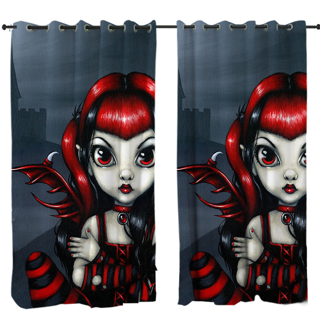 Gothling Cute Red Black Goth Fairy and Castle Drapes for Living Room