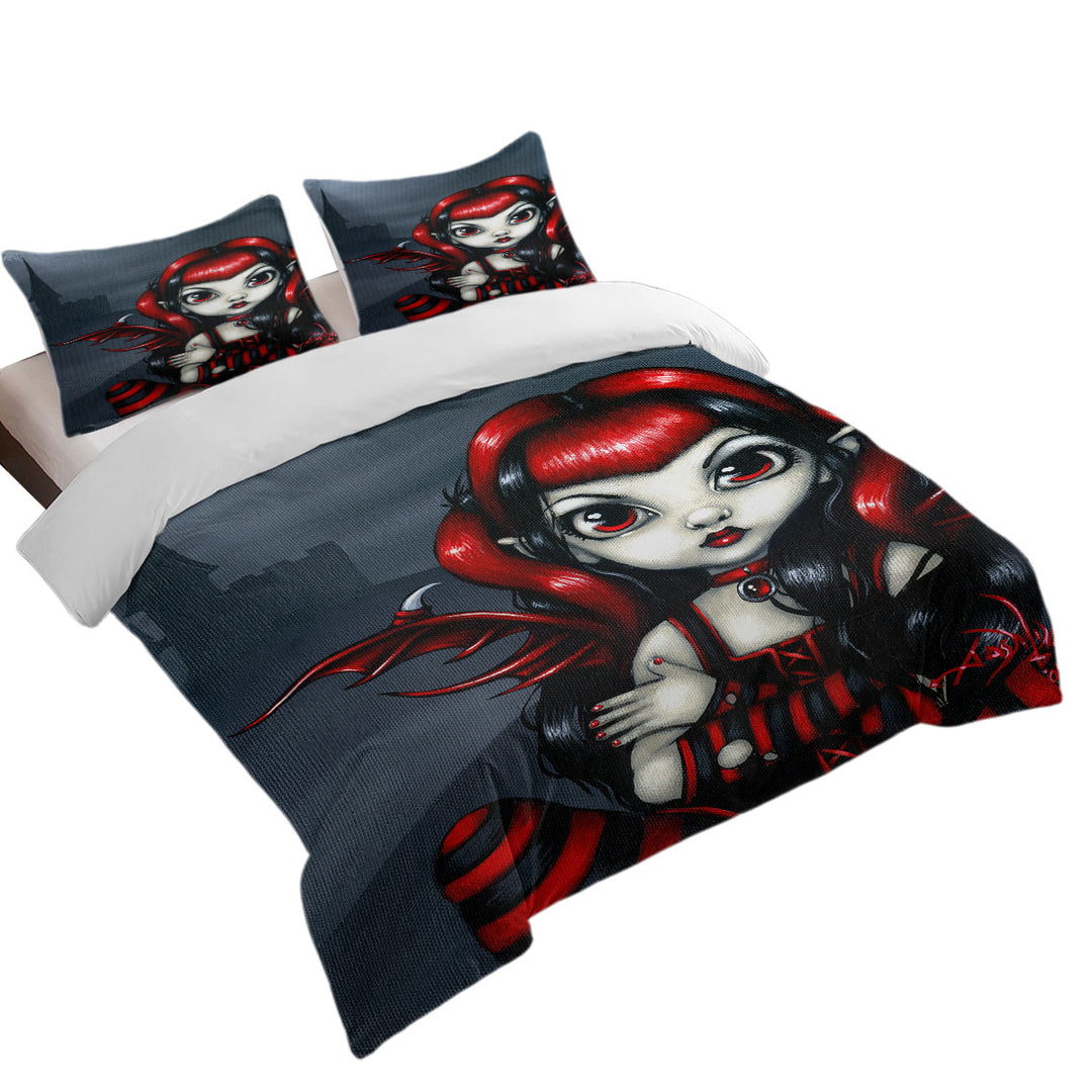 Gothling Cute Red Black Goth Fairy and Castle King Duvet Cover set