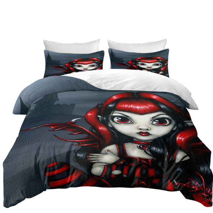 Gothling Cute Red Black Goth Fairy and Castle King Size Duvet Cover