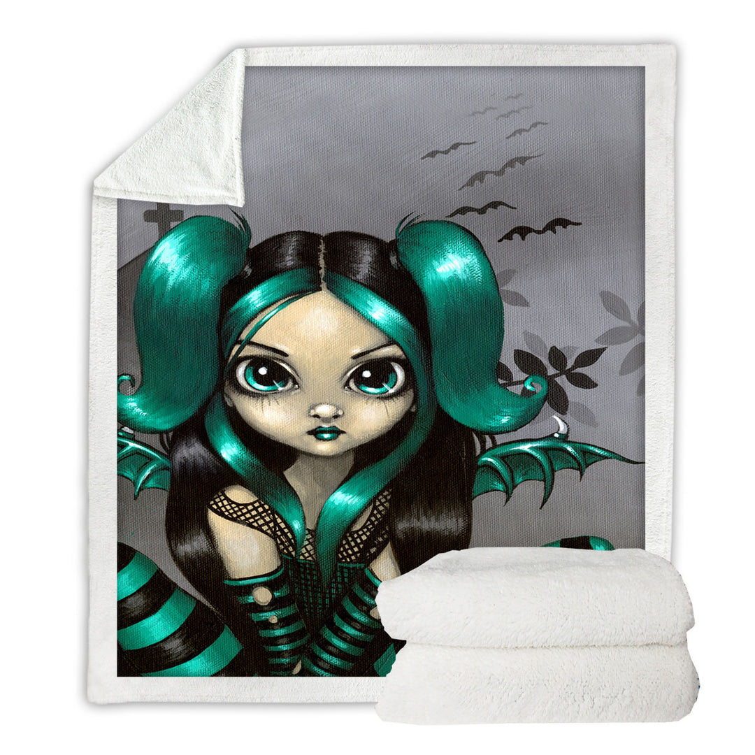 Gothling Decorative Blankets Green Haired Goth Fairy Cemetery and Bats